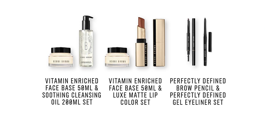Vitamin Enriched Face Base 50ML & Soothing Cleansing Oil 200ML Set or Vitamin Enriched Face Base 50ML & Luxe Matte Lip Color Set or Perfectly Defined Brow Pencil & Perfectly Defined Gel Eyeliner Set
